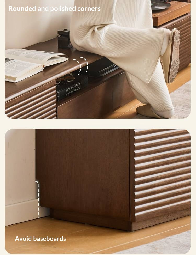 Solid RubberWood Fluted TV Media Console with Drawers and Open Shelf