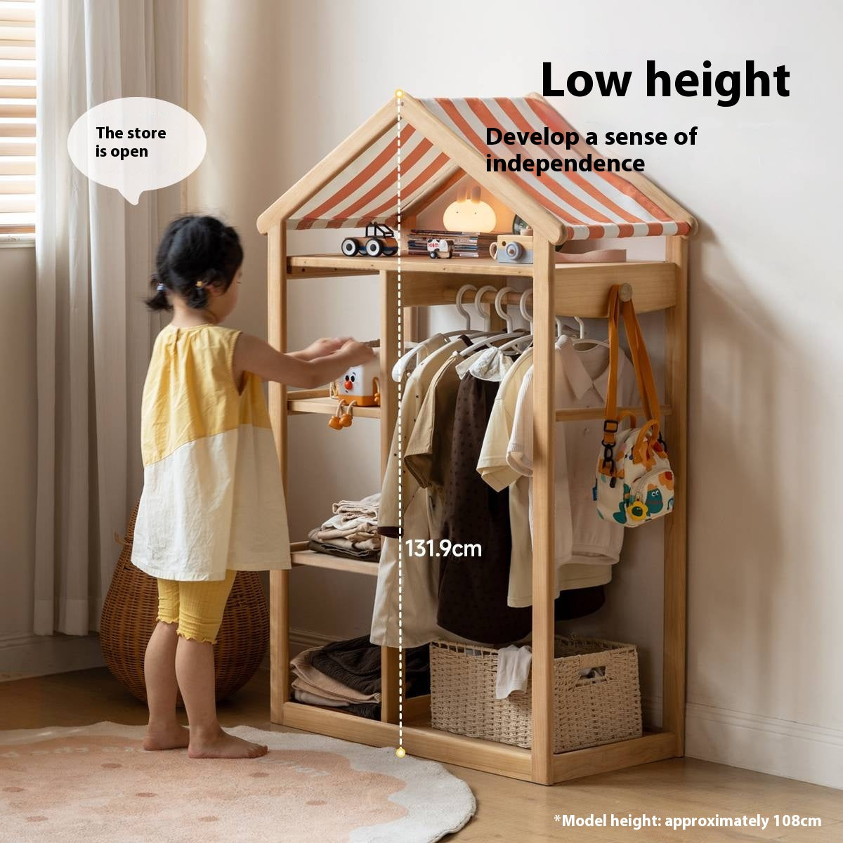 Poplar Solid Wood Children's Toy Storage Cabinet and Wardrobe With Hangers