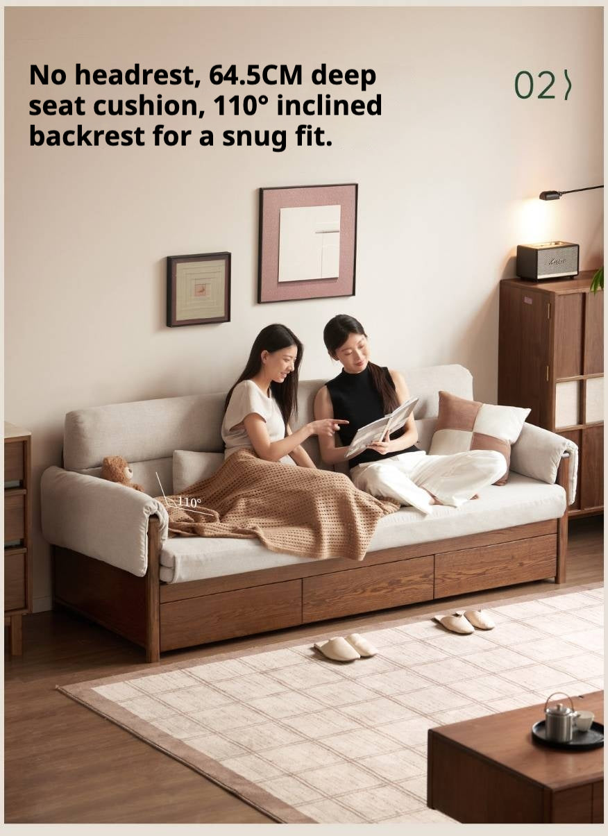 Oak Solid Wood Pull-Out Sleeper Sofa with Under-Seat Storage Drawers