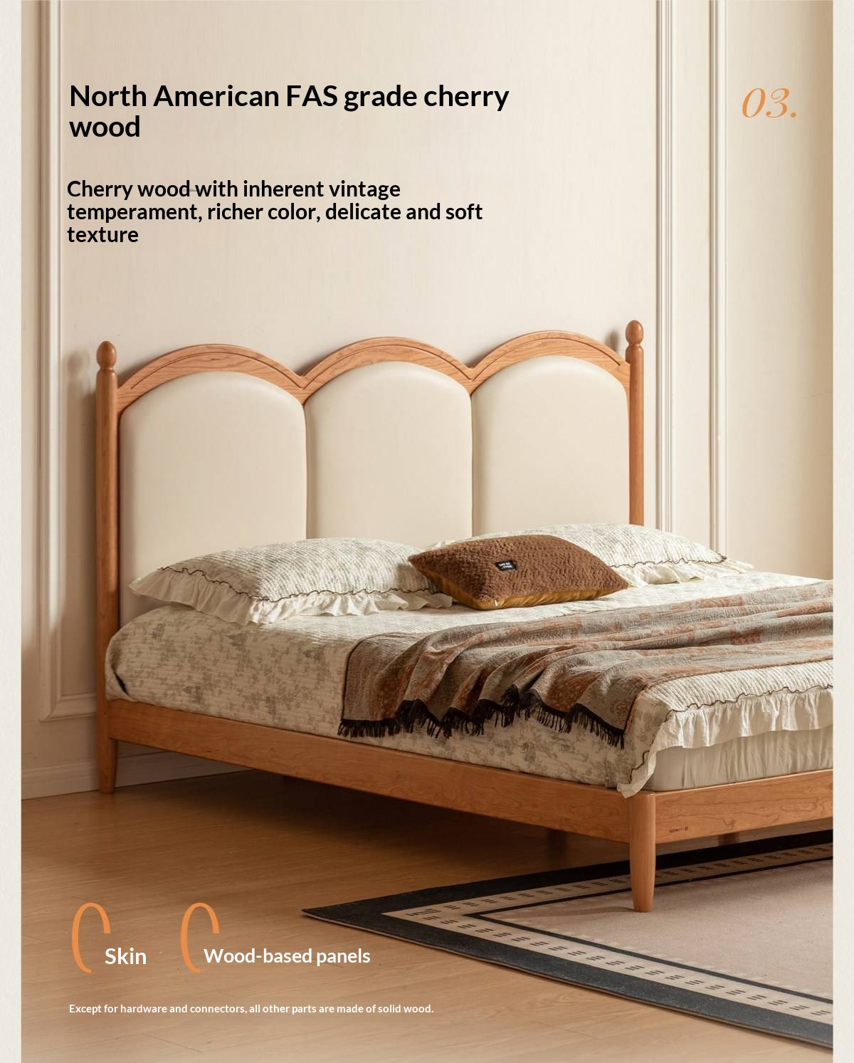 Cherry Wood Solid Wood French Country Bed with Scalloped Arch Panel Headboard