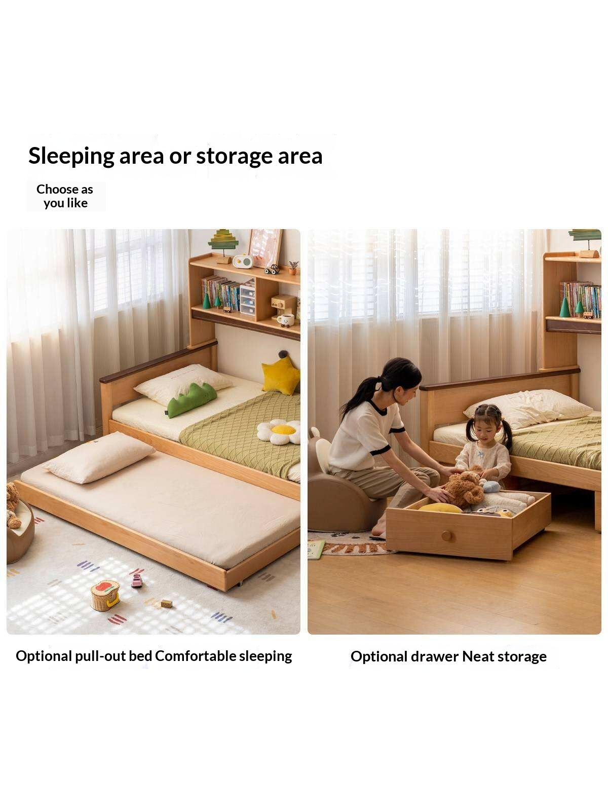Beech Solid Wood Kids Bed with Bookcase Headboard and Pull-Out Trundle