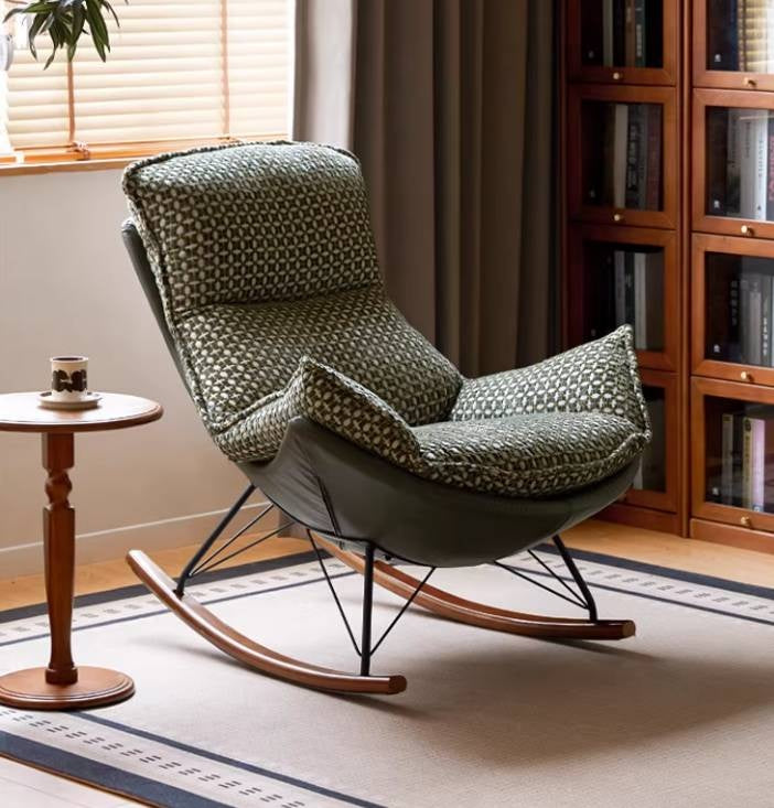Egg Shell Rocking Lounge Chair with Upholstered Cocoon Seat and Metal Frame With Beech Legs
