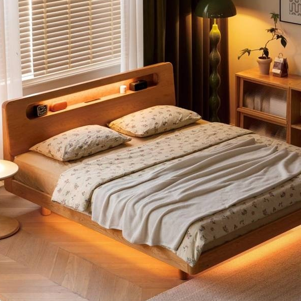 Cherry Solid Wood Retro with Socket Night Light Bed