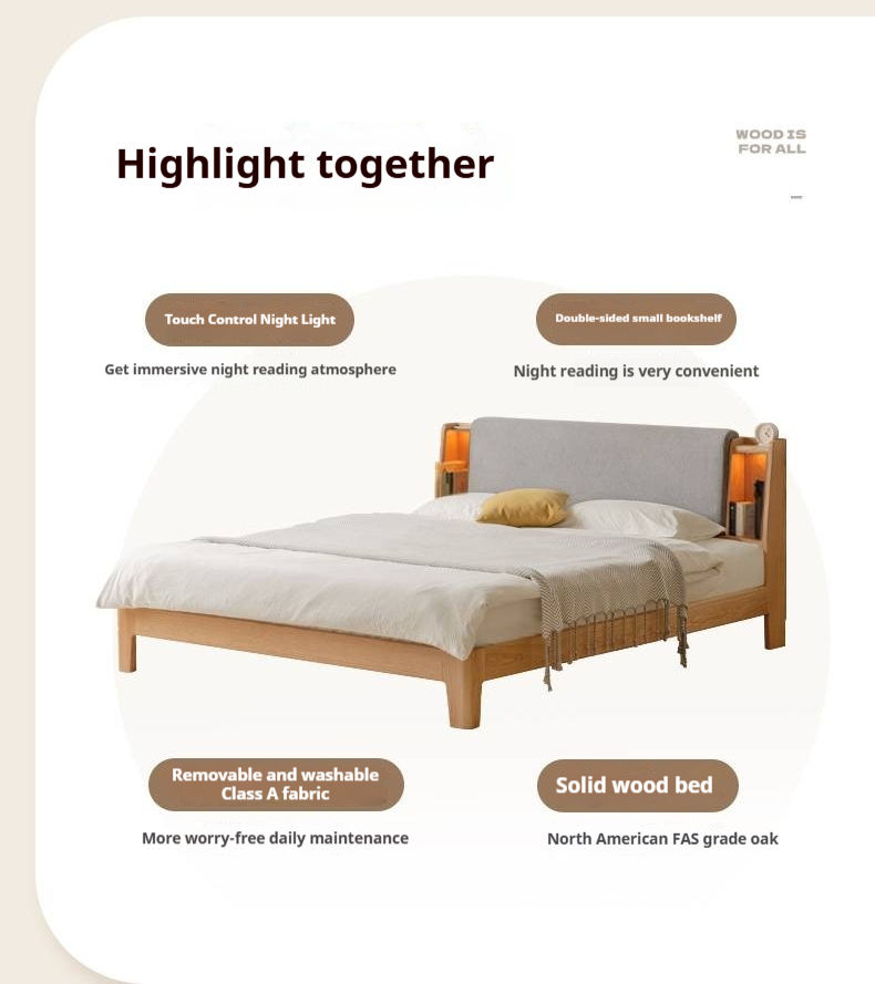 Oak Solid Wood Bed with Genuine Leather and Light Upholstery