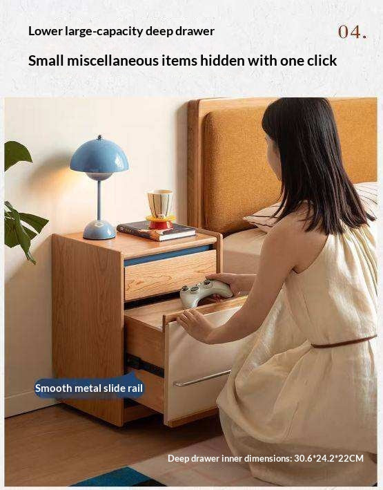 Cherry Solid Wood Nightstand with Storage Drawer and Magazine Holder with Wheels