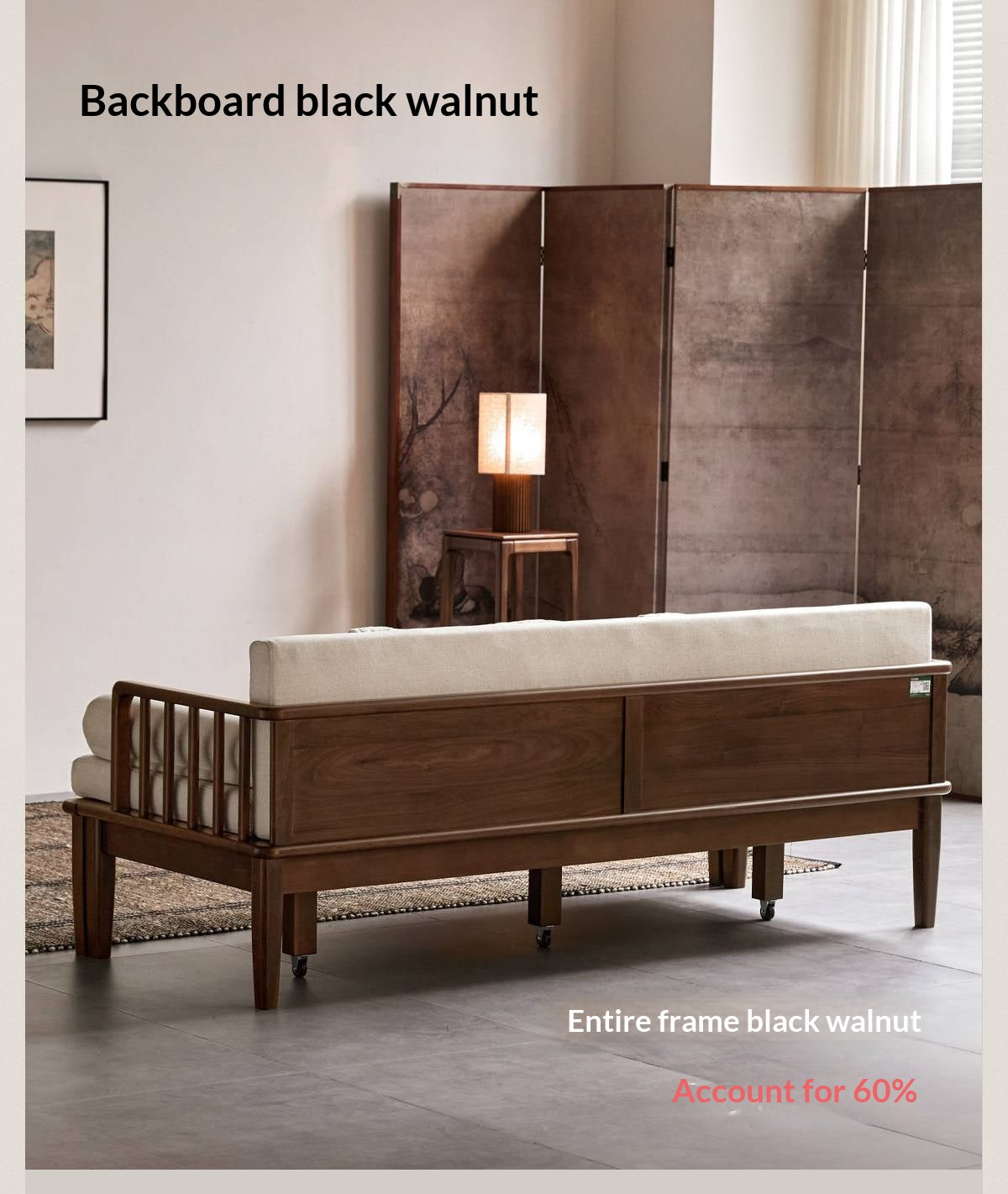 Black Walnut, Ash Solid Wood Daybed Sleeper Sofa with Slatted Wood Back and Arms
