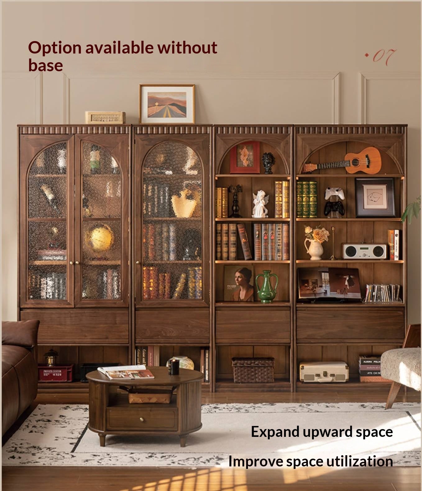 Black Walnut, Solid Sandalwood Arched Vintage Bookcase with Glass Door and Storage Drawer