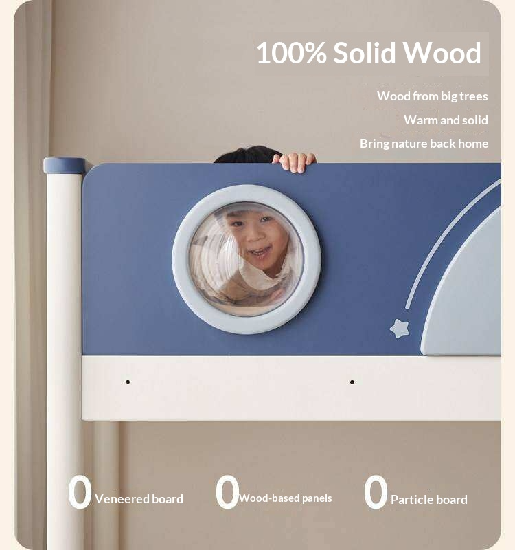 Rubberwood Solid Wood Spaceship-Themed Bunk Bed with Porthole Window