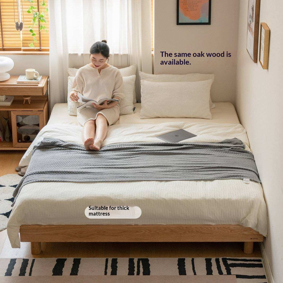 Rubberwood Solid Wood Modern Low Platform Bed Without Headboard
