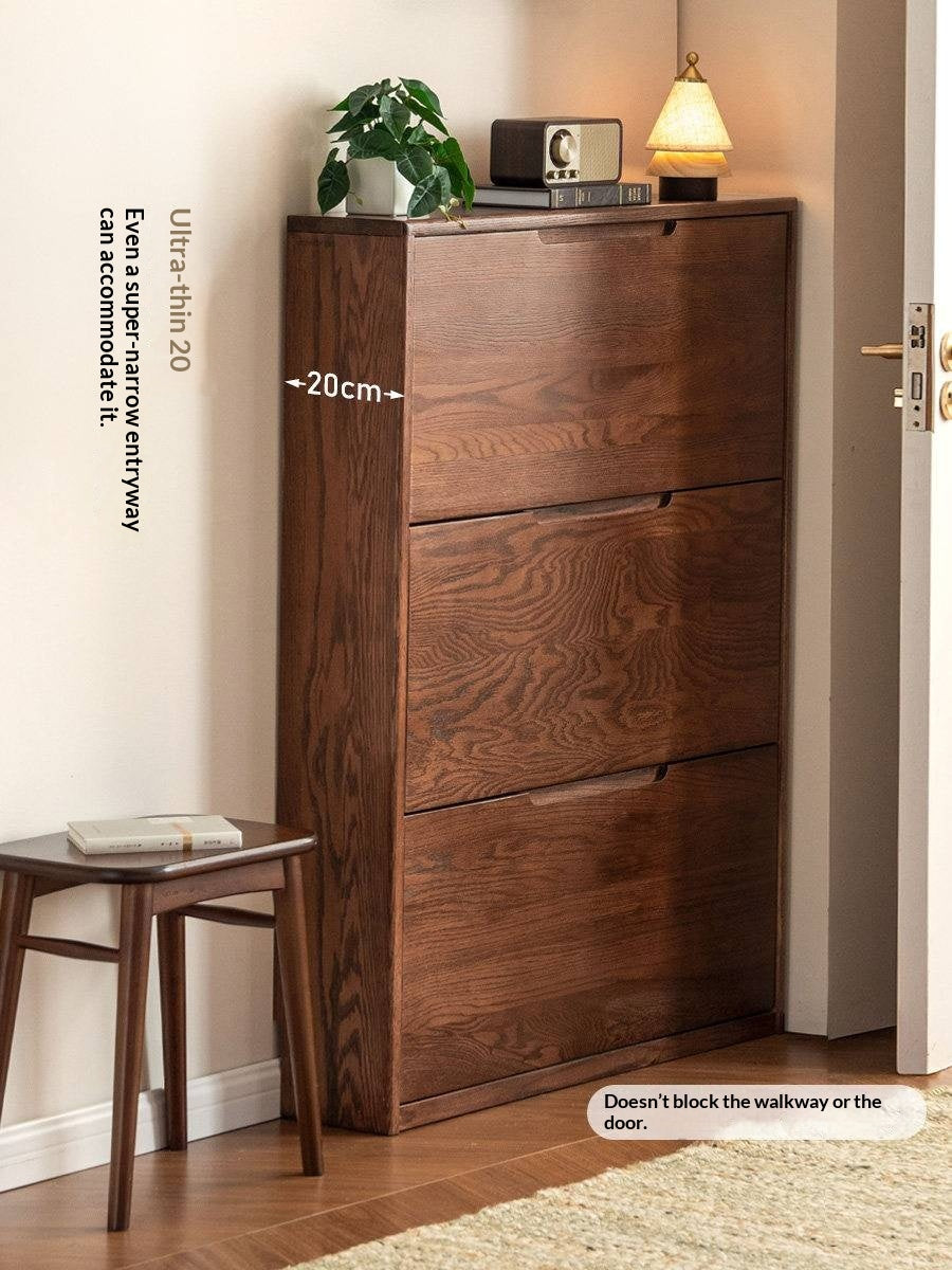 Oak Solid Wood Narrow Hall Tree with Shoe Storage Cabinet and Coat Hooks