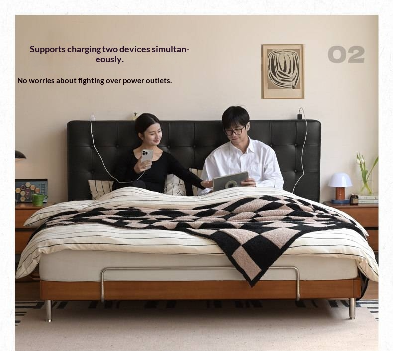 Tulipwood Solid Wood Bed — Bauhaus Style with Soft Genuine Leather Headboard