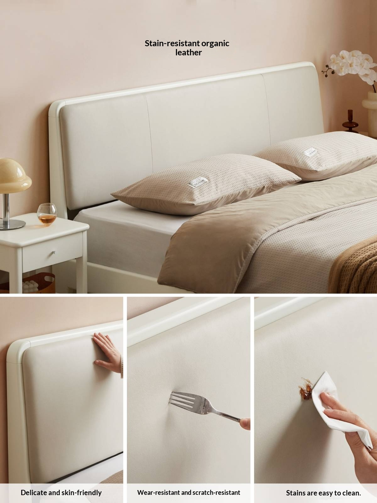 Pine Solid Wood Upholstered Bed — Modern Minimalist White Design, Light Luxury with Organic Leather