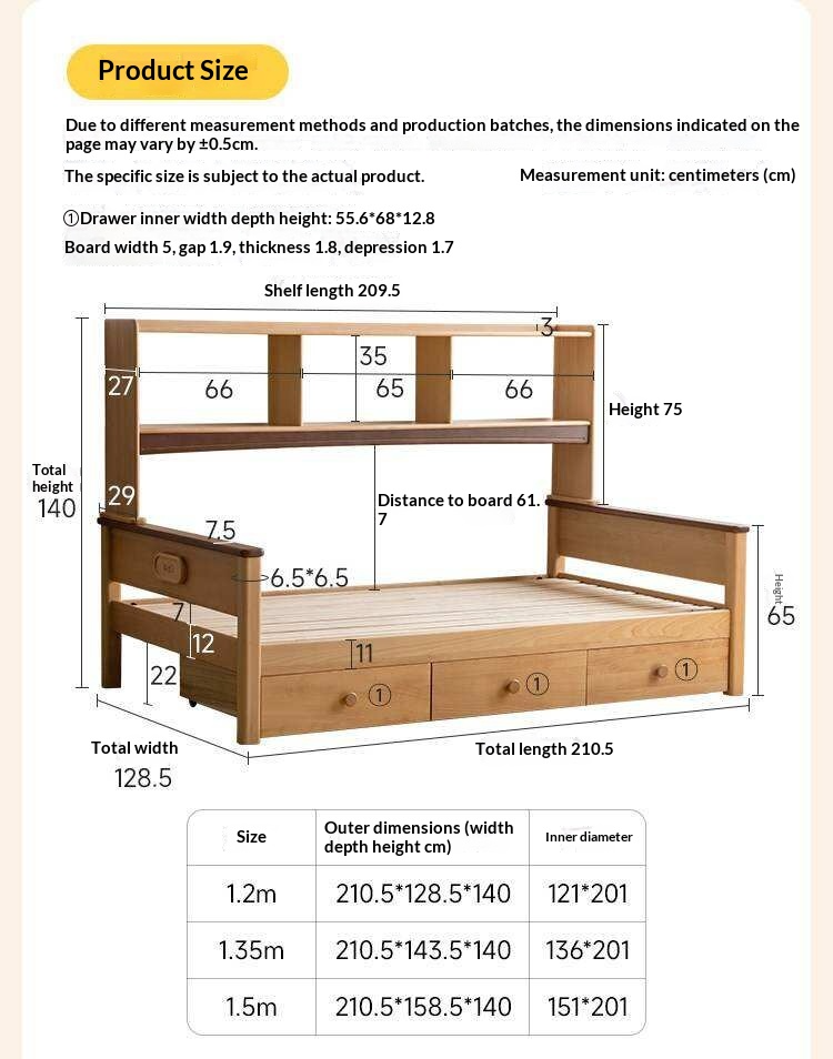 Beech Solid Wood Kids Bed with Bookcase Headboard and Pull-Out Trundle