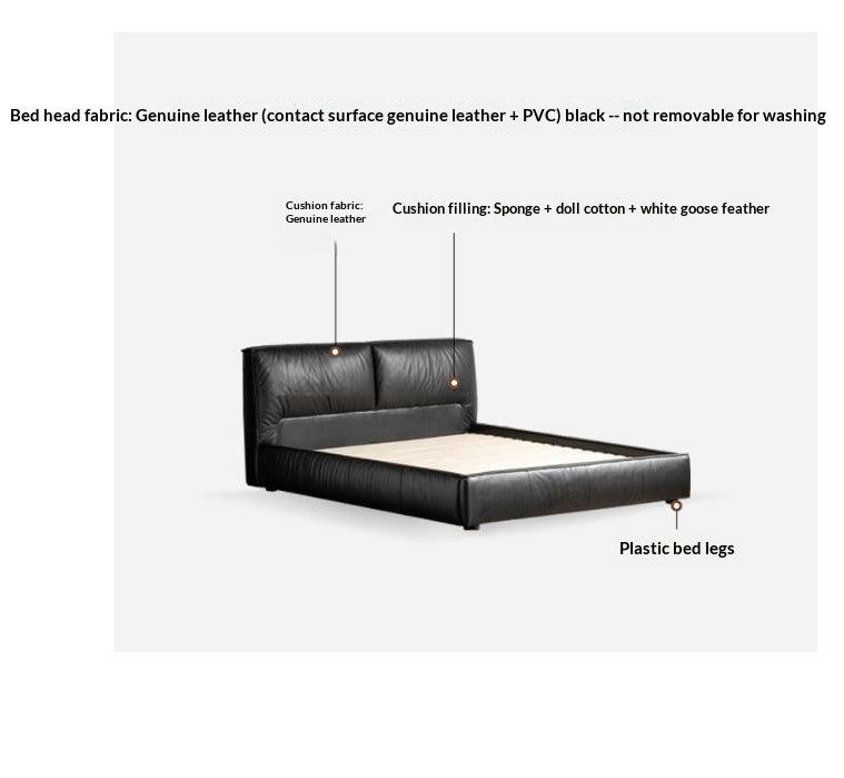 Genuine Leather Upholstered Bed — Black Large Bed, Italian Light Luxury Design