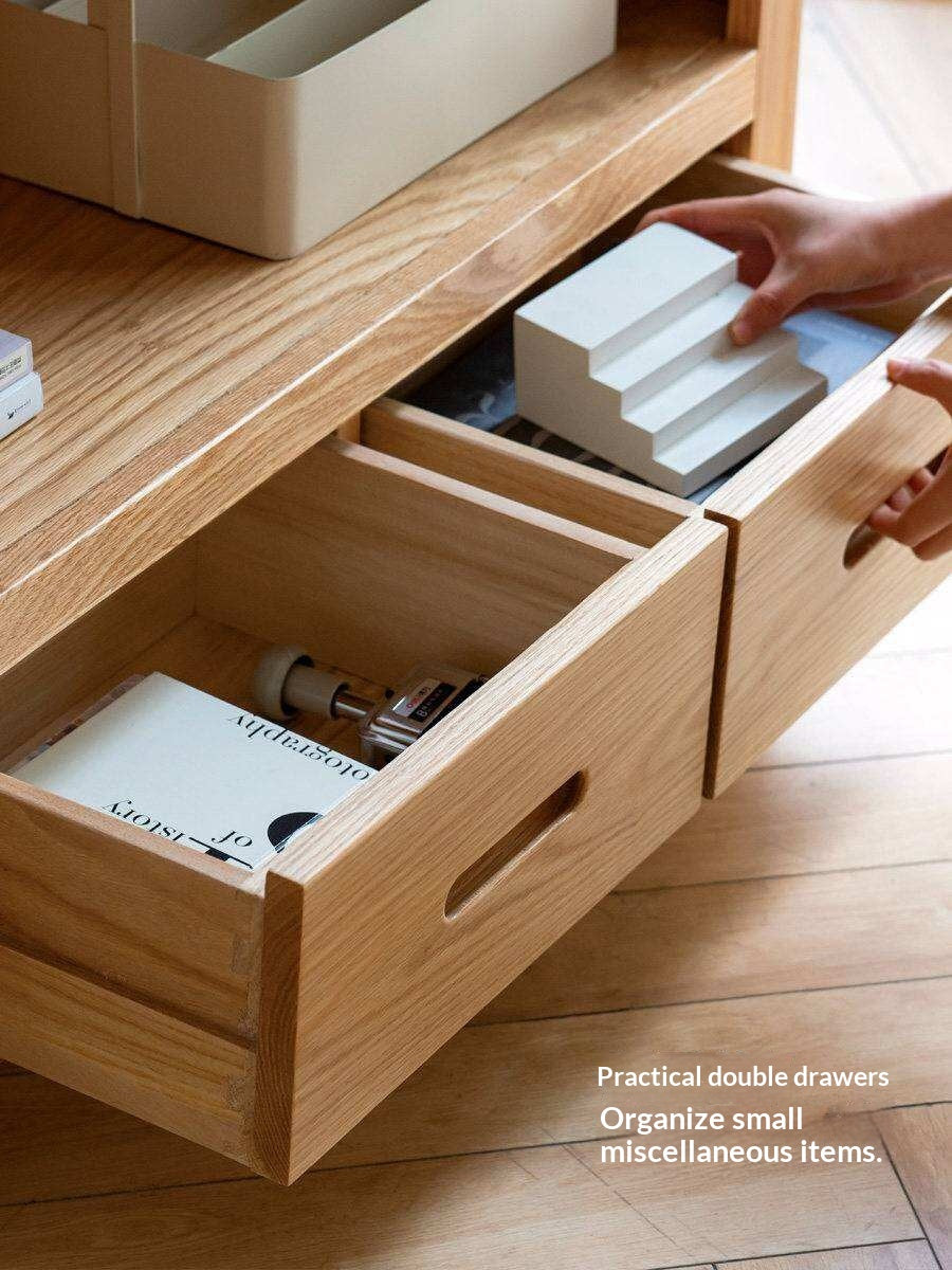 Oak, Solid Rubberwood Open Shelf Bookcase with Integrated Drawer
