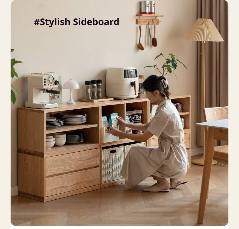 Ash Solid Wood Modern TV Cabinet with Freely Combineable Bookshelf and Storage