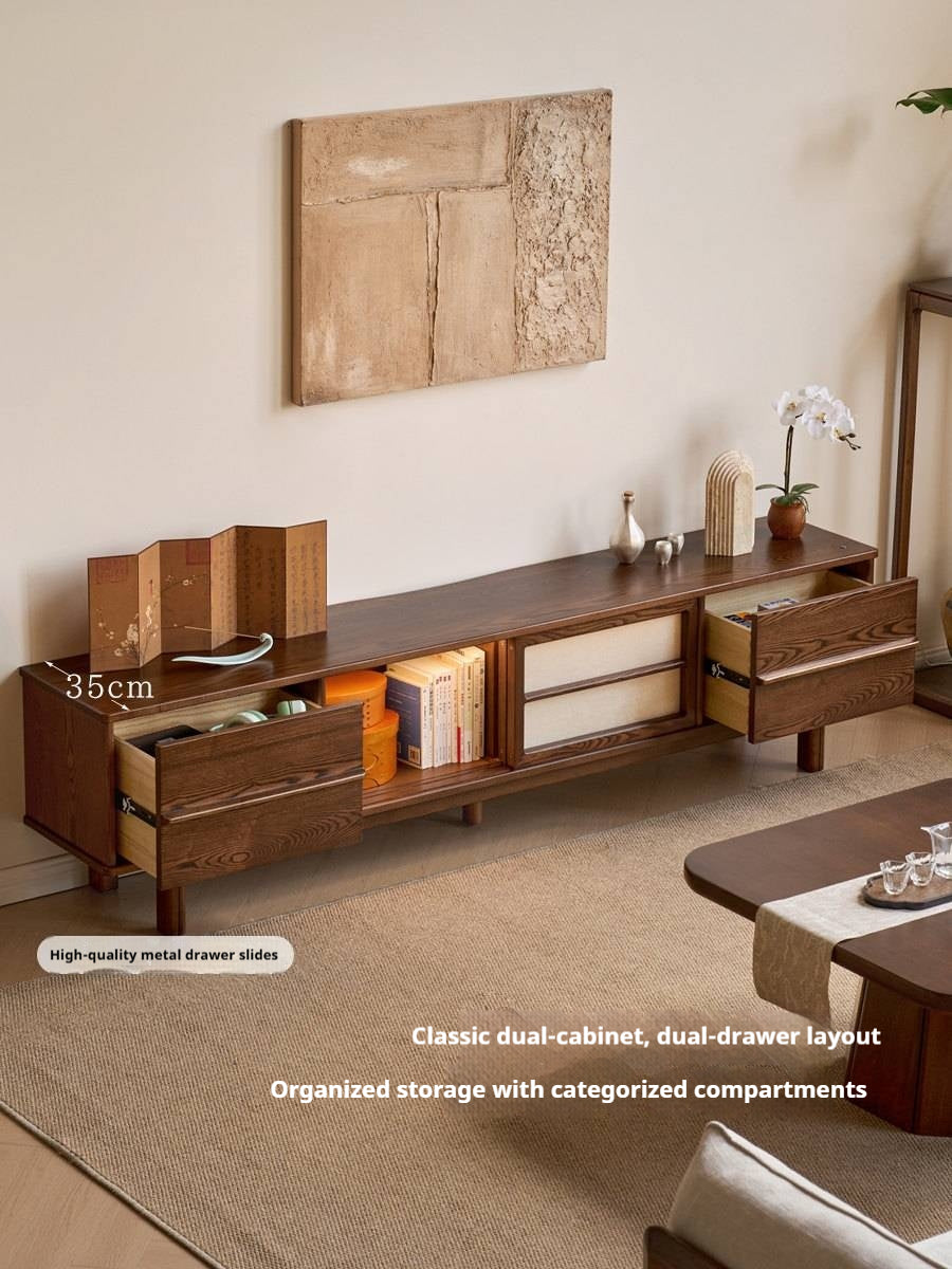 Ash Solid Wood Japanese Shoji-Style TV Console with LED Ambient Lighting
