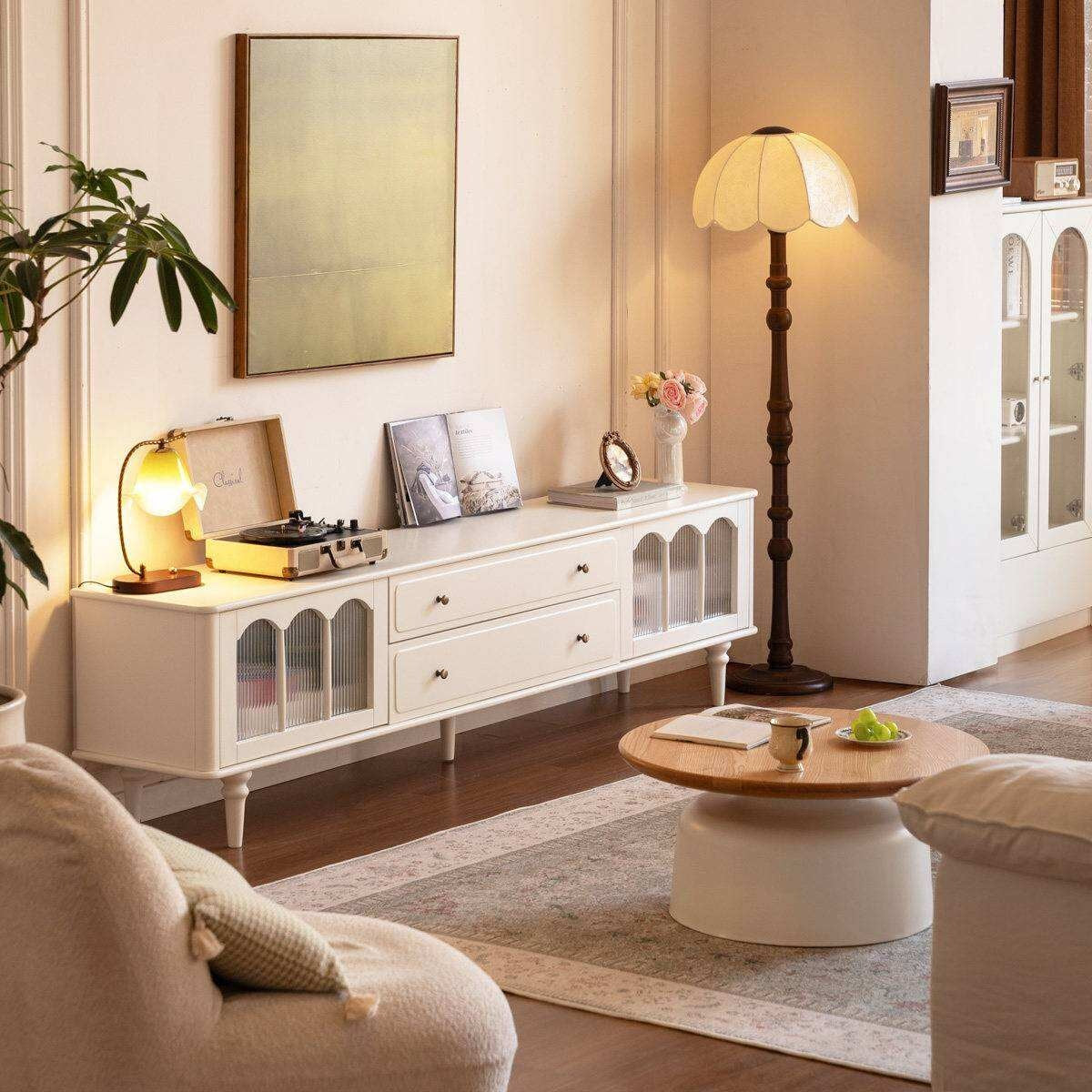Solid Rubberwood TV Cabinet French Cream Style and Integrated Storage