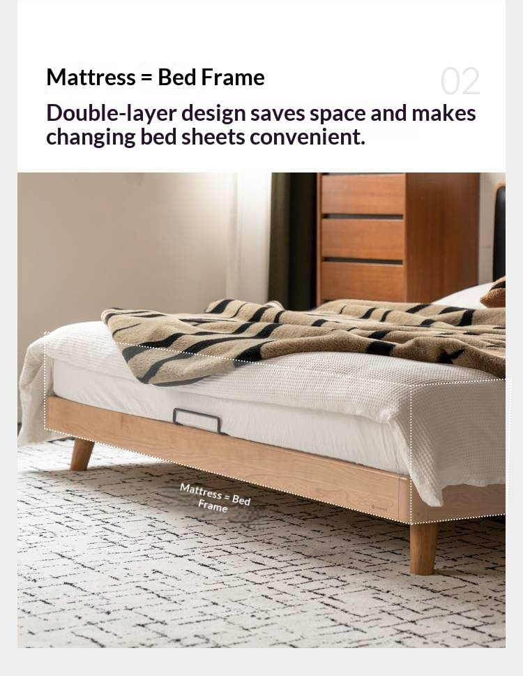 Cherry Solid Wood Bed with Top Layer Cowhide Soft Headboard Retro Style