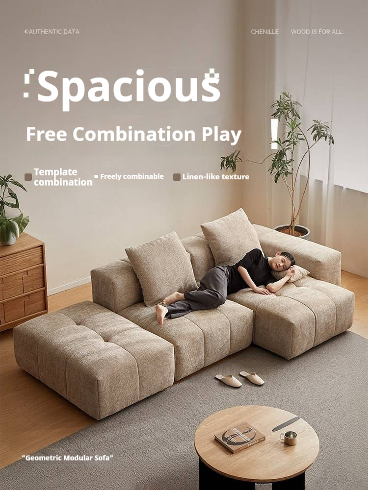 Pine Solid Wood Modular Sectional Sofa in Chenille Faux Linen with Feather-Filled Cushions, Chaise and Ottoman Options