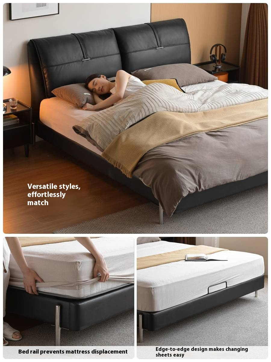 Genuine Leather Italian Light Luxury Black Bed