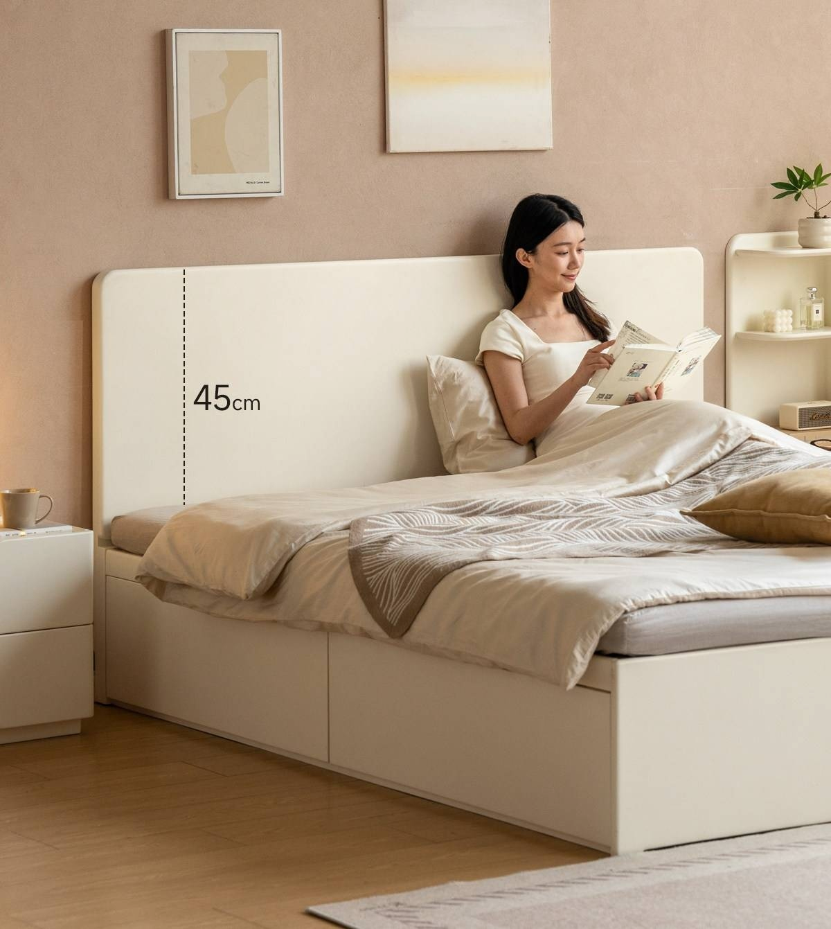 Rubberwood Solid Wood Platform Storage Bed with Gas Lift Base and Side Drawers