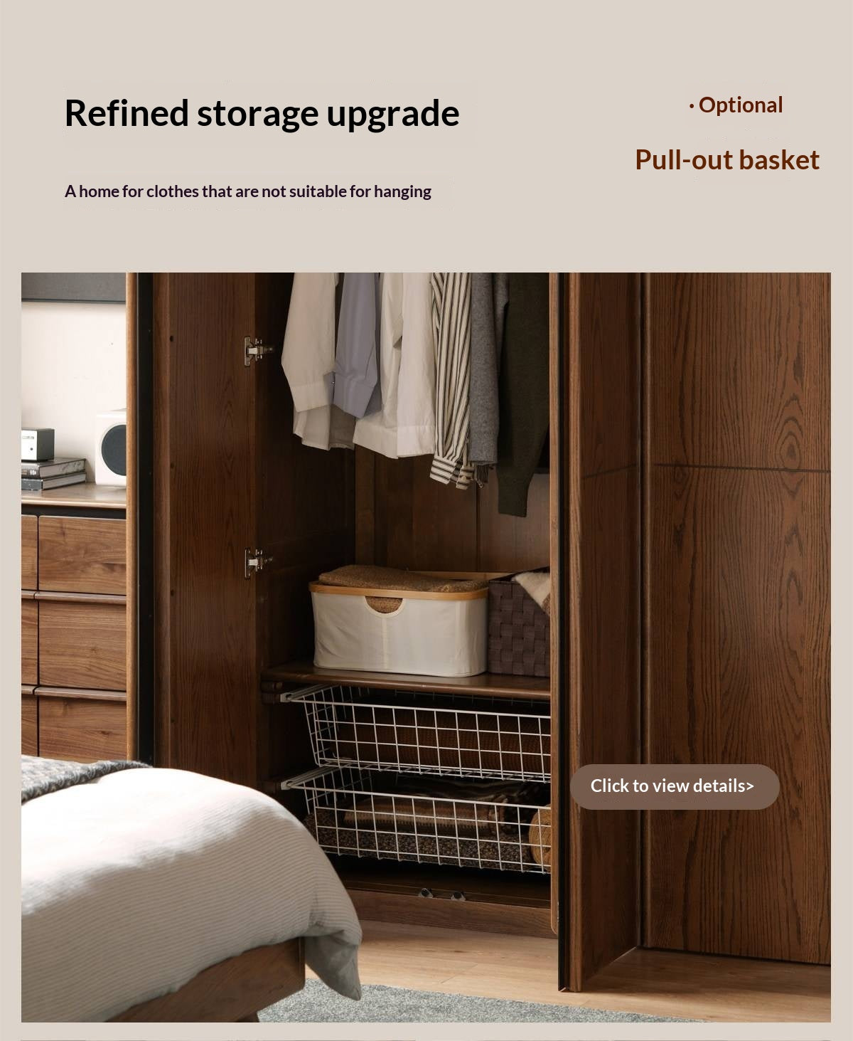 Oak Solid Wood Wardrobe with Italian Light Luxury Style and Double Doors