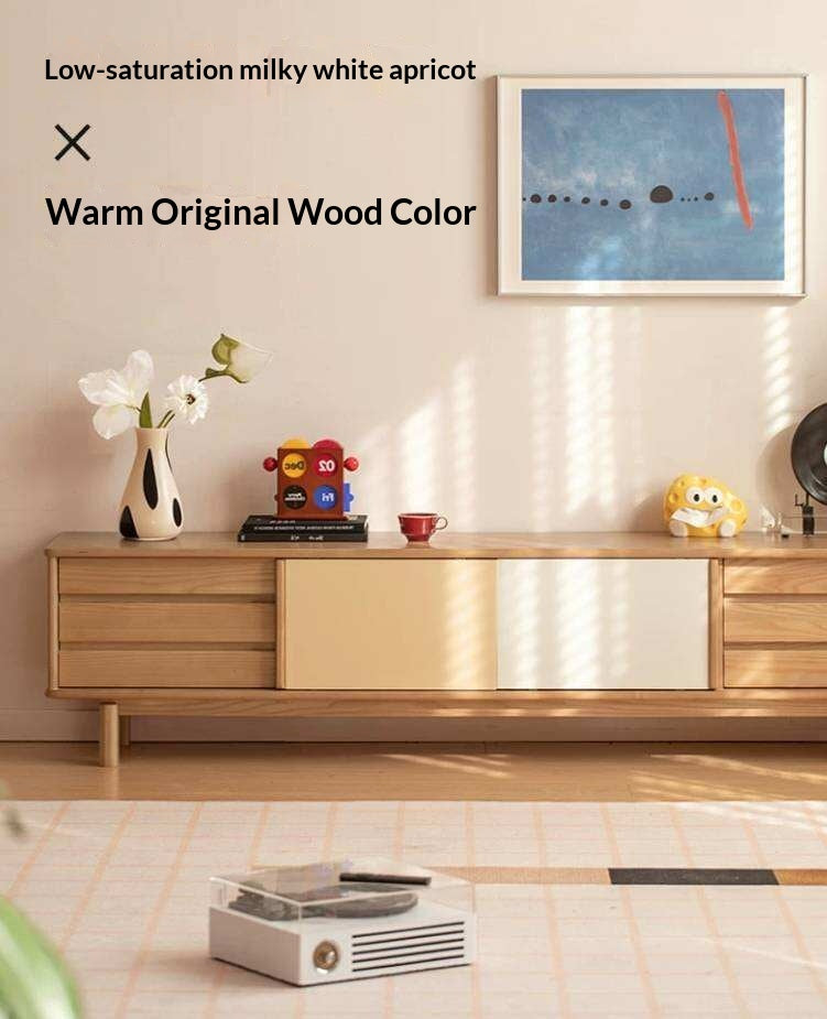 Ash Solid Wood TV Cabinet with Color Block Storage Design