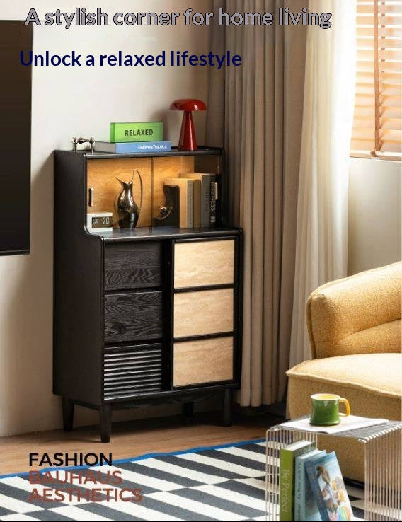 Oak Solid Wood Bauhaus Style Bar Cabinet with Sliding Doors