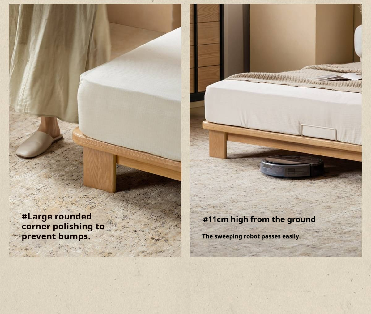 Ash Solid Wood Platform Bed with Split Panel Upholstered Headboard