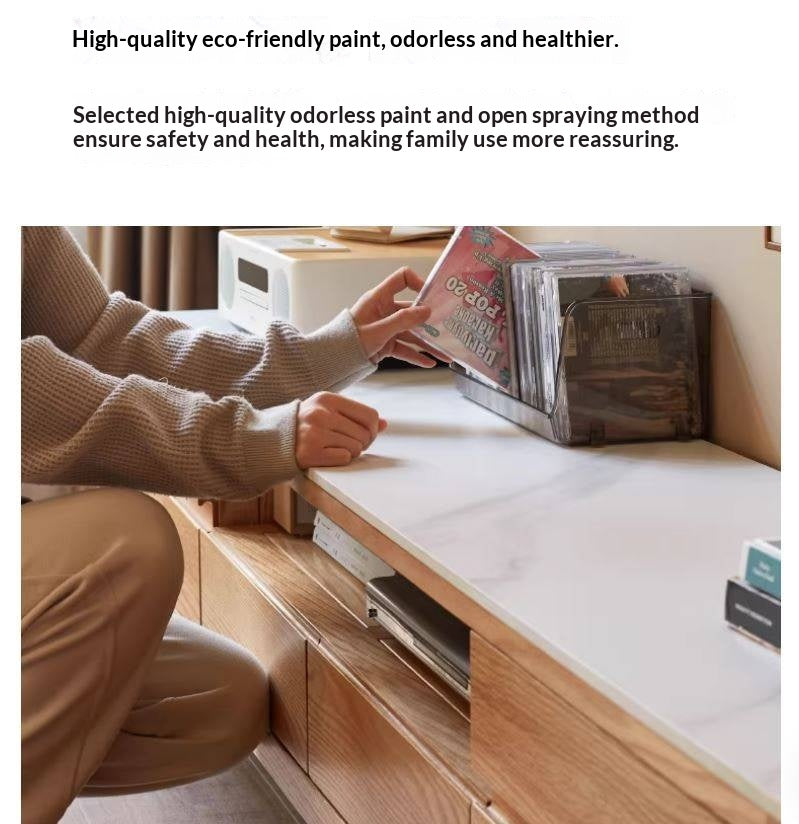 Solid Rubberwood, Oak Solid Wood TV Stand Slate Top.