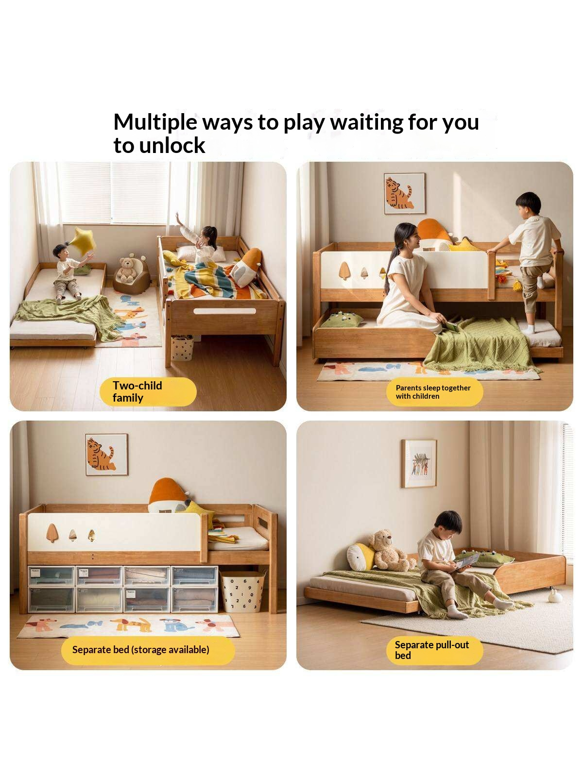 Rubberwood Solid Wood Kids Daybed with Trundle and Safety Guardrails