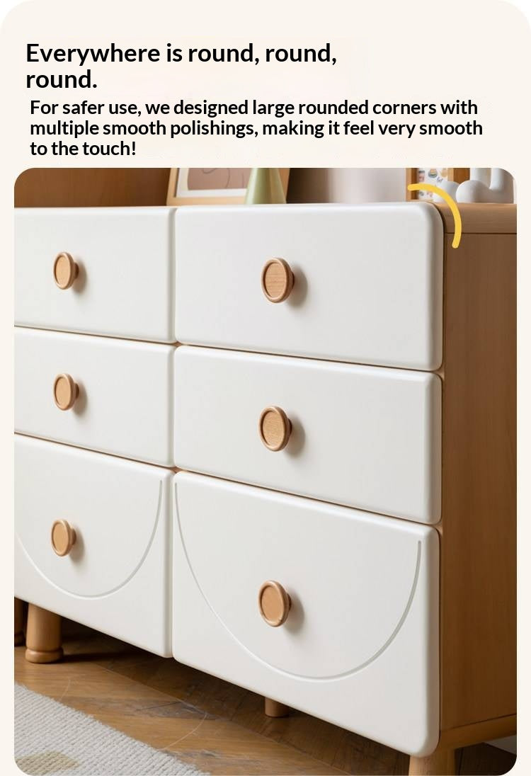 Beech Solid Wood, Solid RubberWood Kids Dresser with Cream Curved Drawers and Wooden Knobs