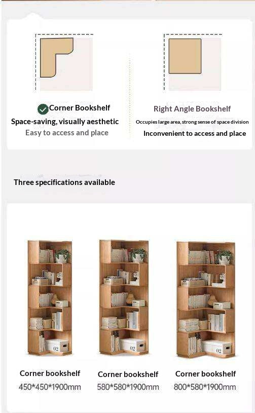 Oak Solid Wood Corner Bookshelf with Floor-Standing Storage Cabinet