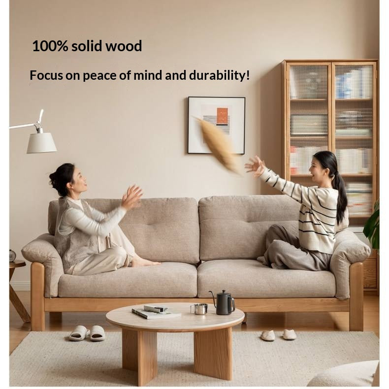 Ash Solid Wood Genuine leather, fabric Exposed Frame Sofa with Tufted Cushions