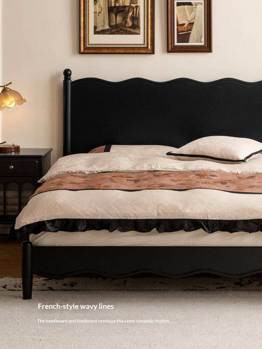 Rubberwood Solid Wood French Style Bed with Black Carved Headboard and Elegant Curved Frame