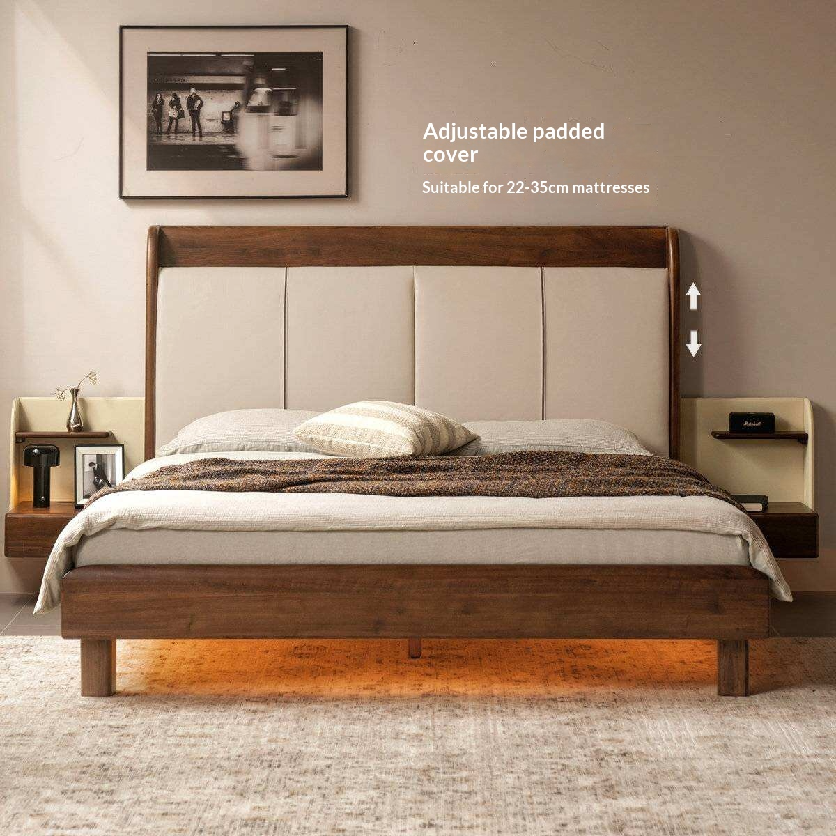 Black Walnut Solid Wood Genuine Leather Curved Leather Bed with Floating Base and LED Lighting