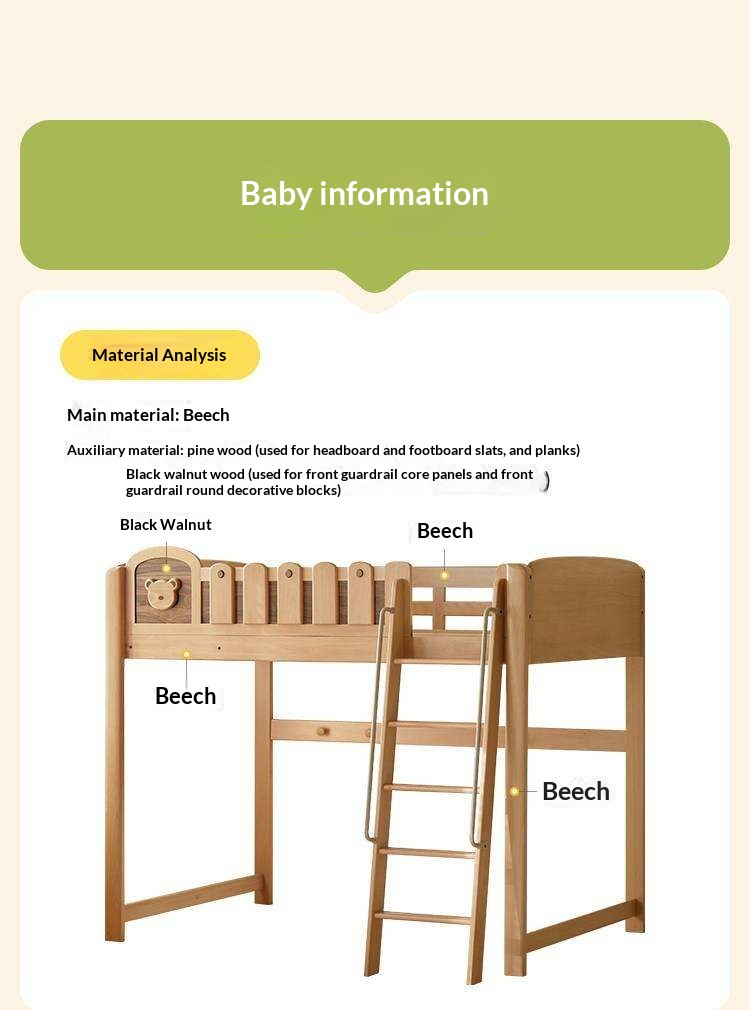 Beech Solid Wood L-Shaped Bunk Bed with Bookshelf Headboard and Detachable Guardrail
