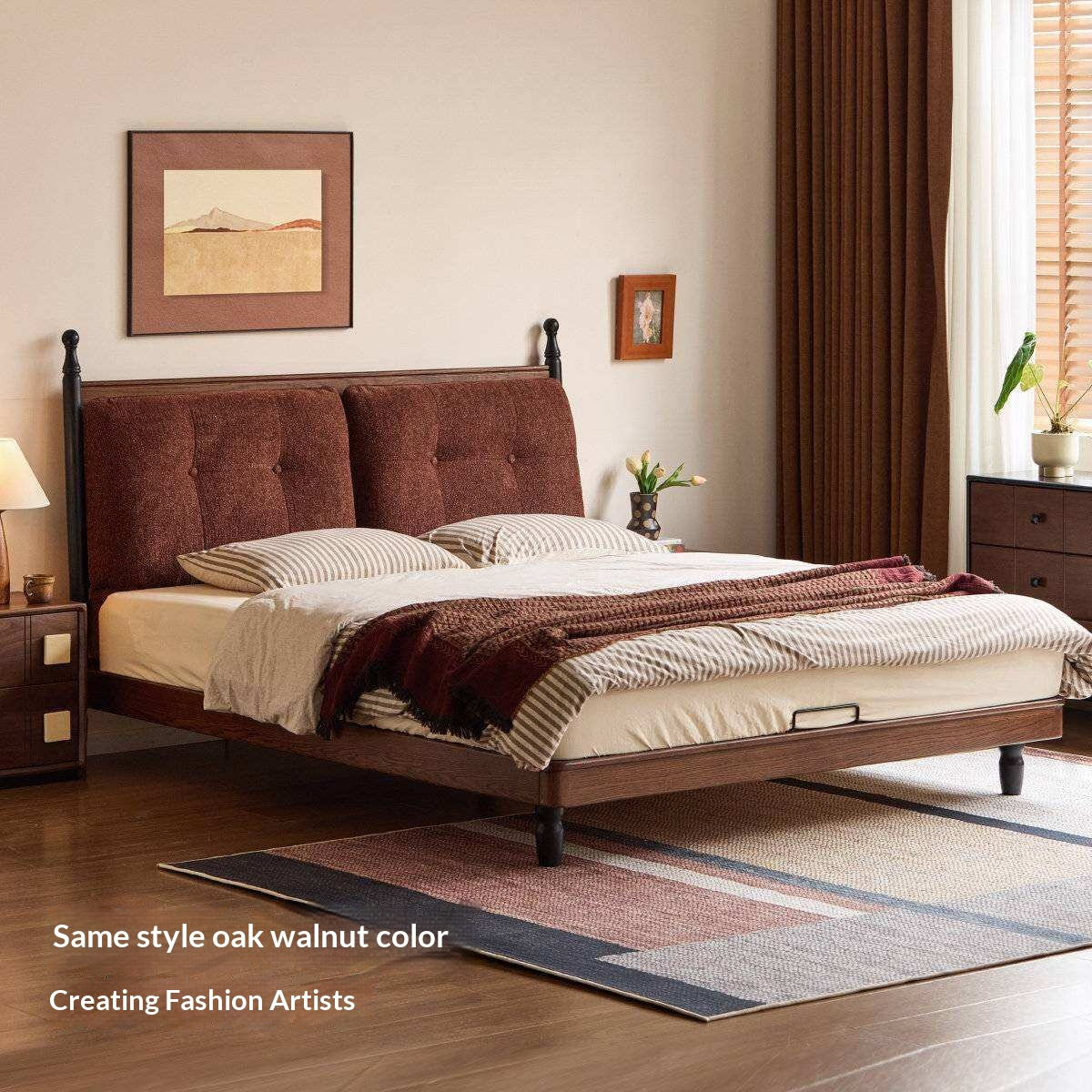 Black Walnut Solid Wood Leather Four Poster Bed with Tufted Headboard