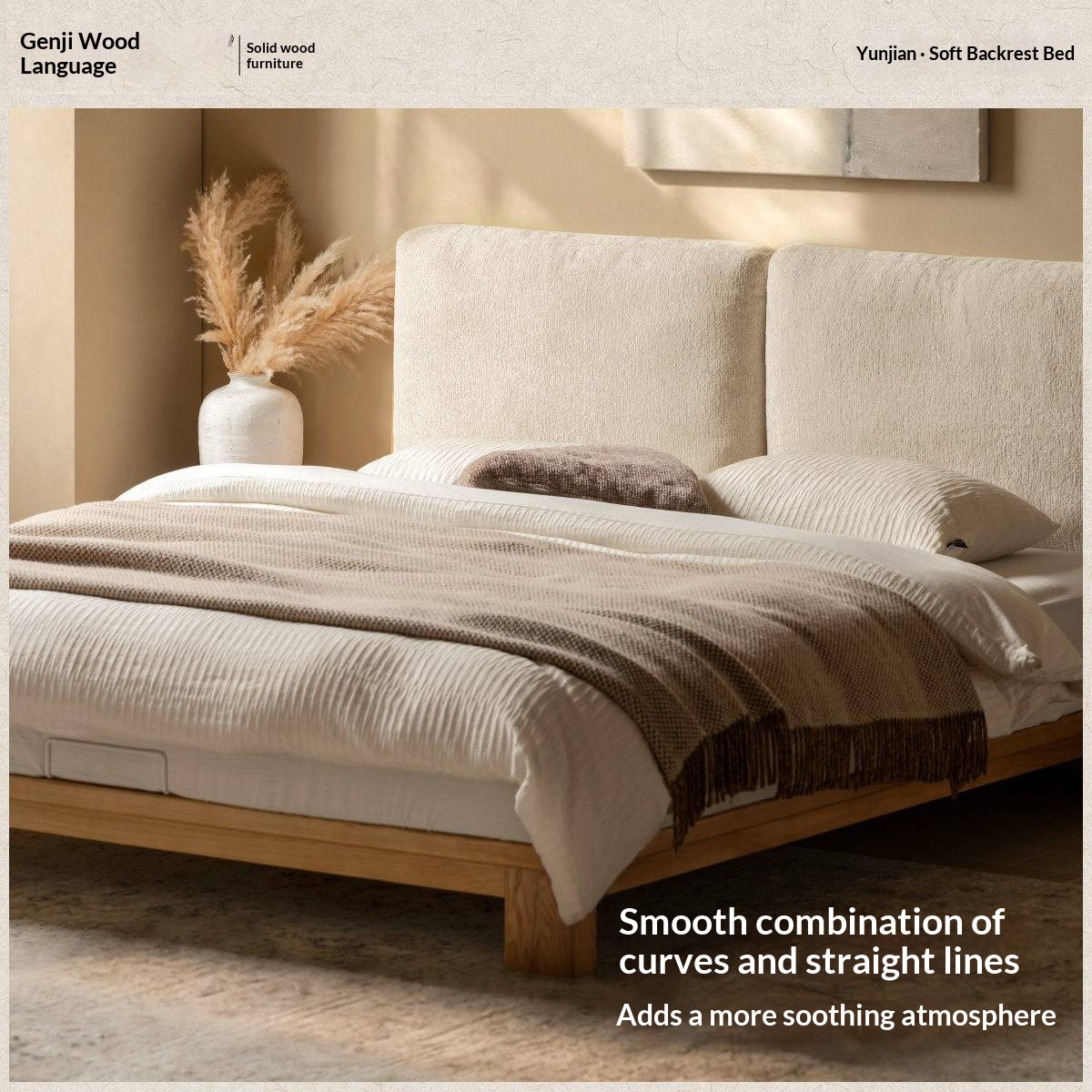 Ash Solid Wood Platform Bed with Split Panel Upholstered Headboard
