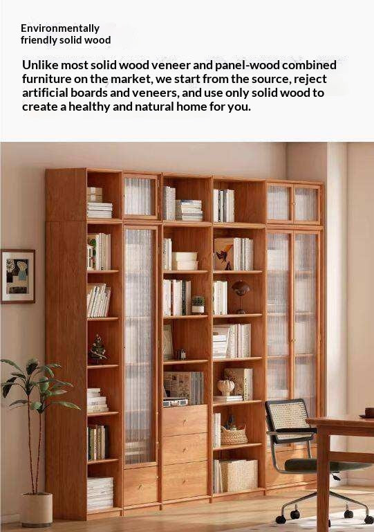 Cherry Wood Combination Bookcase Floor Shelf Glass Door Bookcase