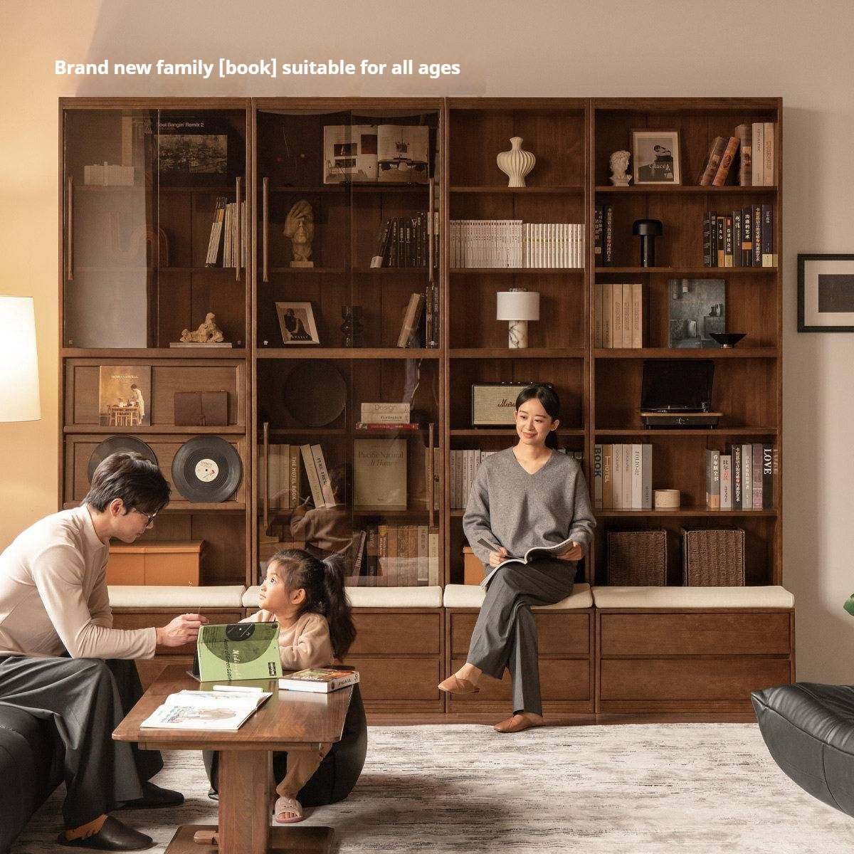 Solid Longan Hardwood, Ash Solid Wood Bookcase with Floor-to-Deck and Wall-Mounted Display Cabinet