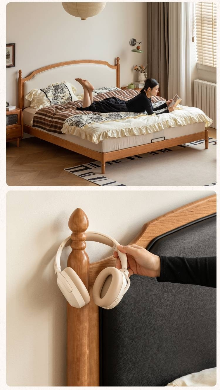 Cherry Solid Wood Soft Backrest Bed, French Retro Style