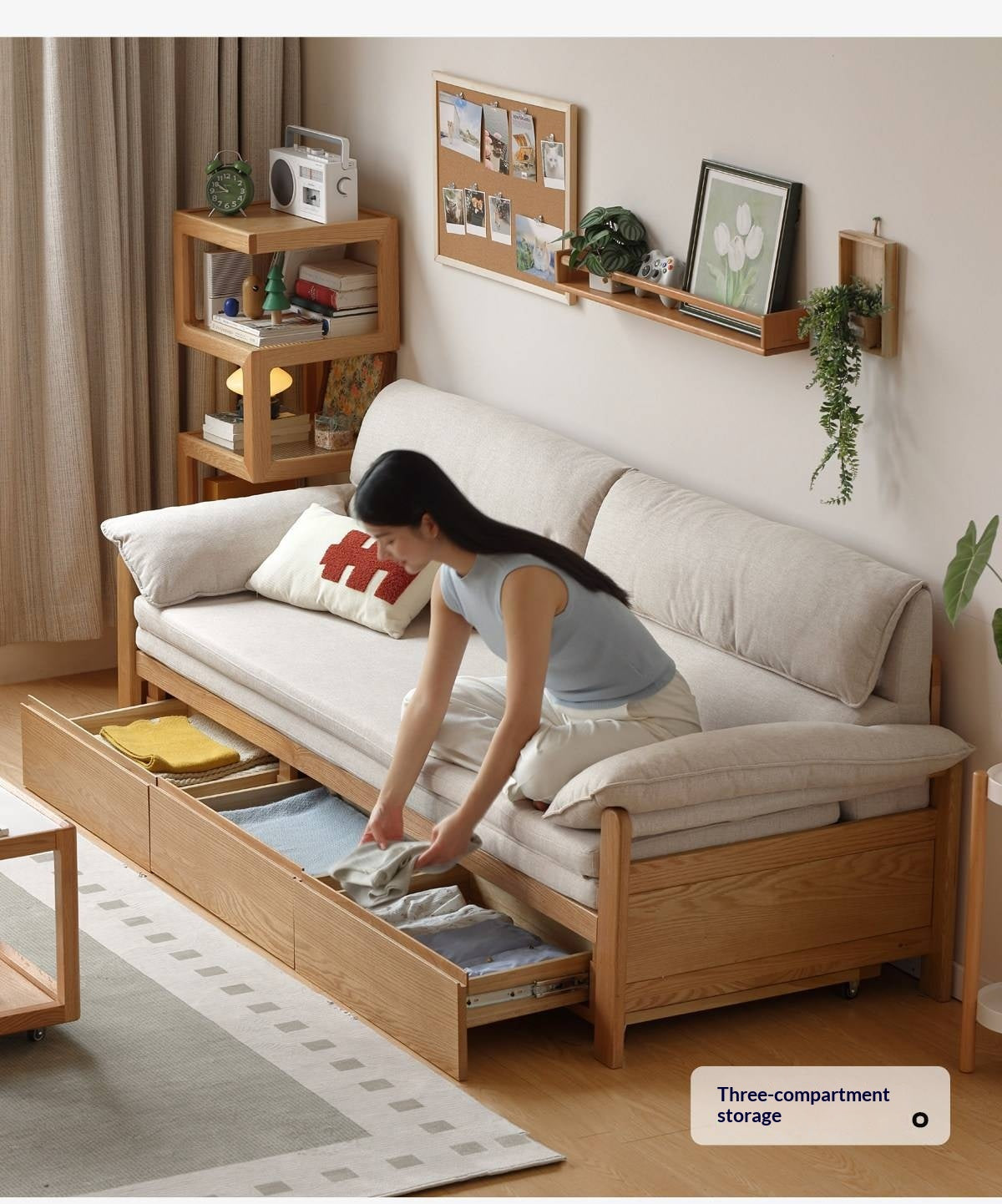 Oak Solid Wood Sofa Bed with Under-Seat Storage Drawers
