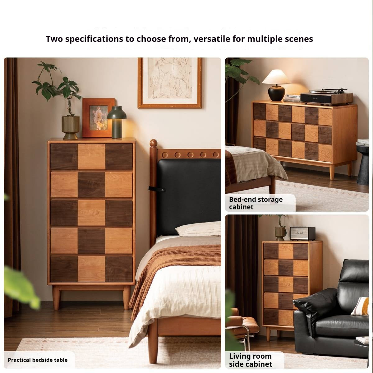 Cherry Solid Wood Retro Chest of Drawers Checkerboard
