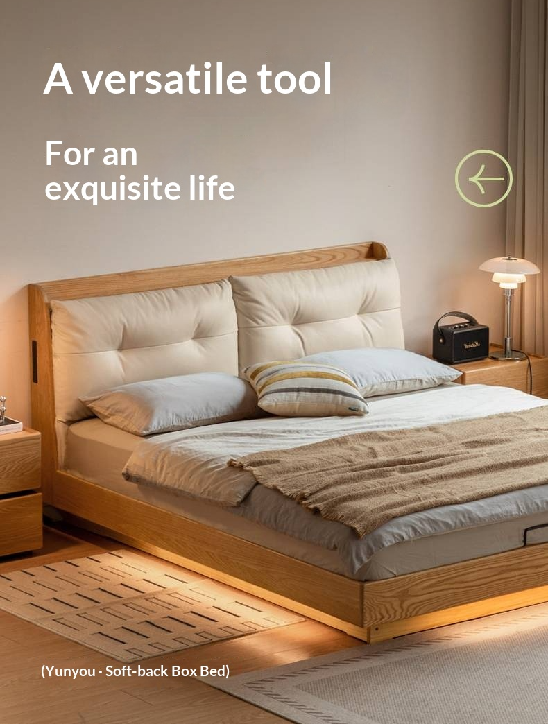 Oak Solid Wood Modern Leather Storage Bed, LED Lighting and USB Charging