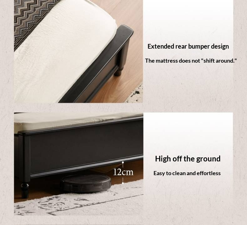 Rubberwood Solid Wood Bed American Retro Black Style