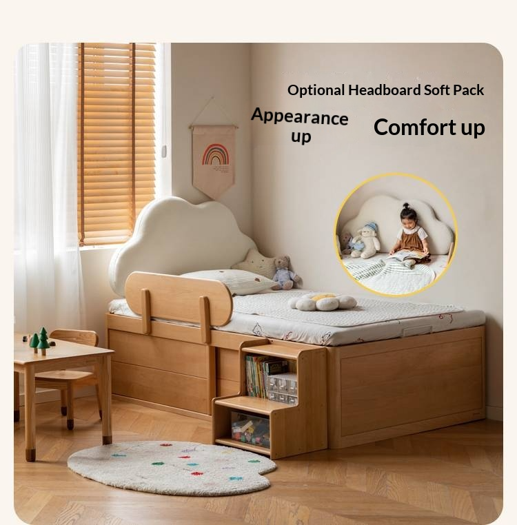 Beech, Rubberwood Solid Wood Kids’ Bed with Guardrail, Platform Bed, Headboard-Free Bed