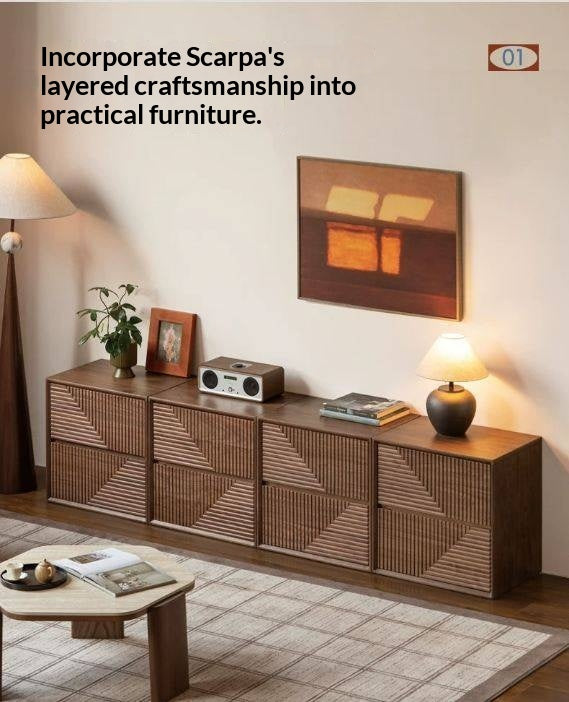 Black Walnut, Sandalwood Solid Wood Modular Storage Cabinet, Mid Century Dresser with Geometric Front Design