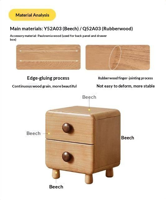 Beech Solid Wood, Solid RubberWood Kids Nightstand